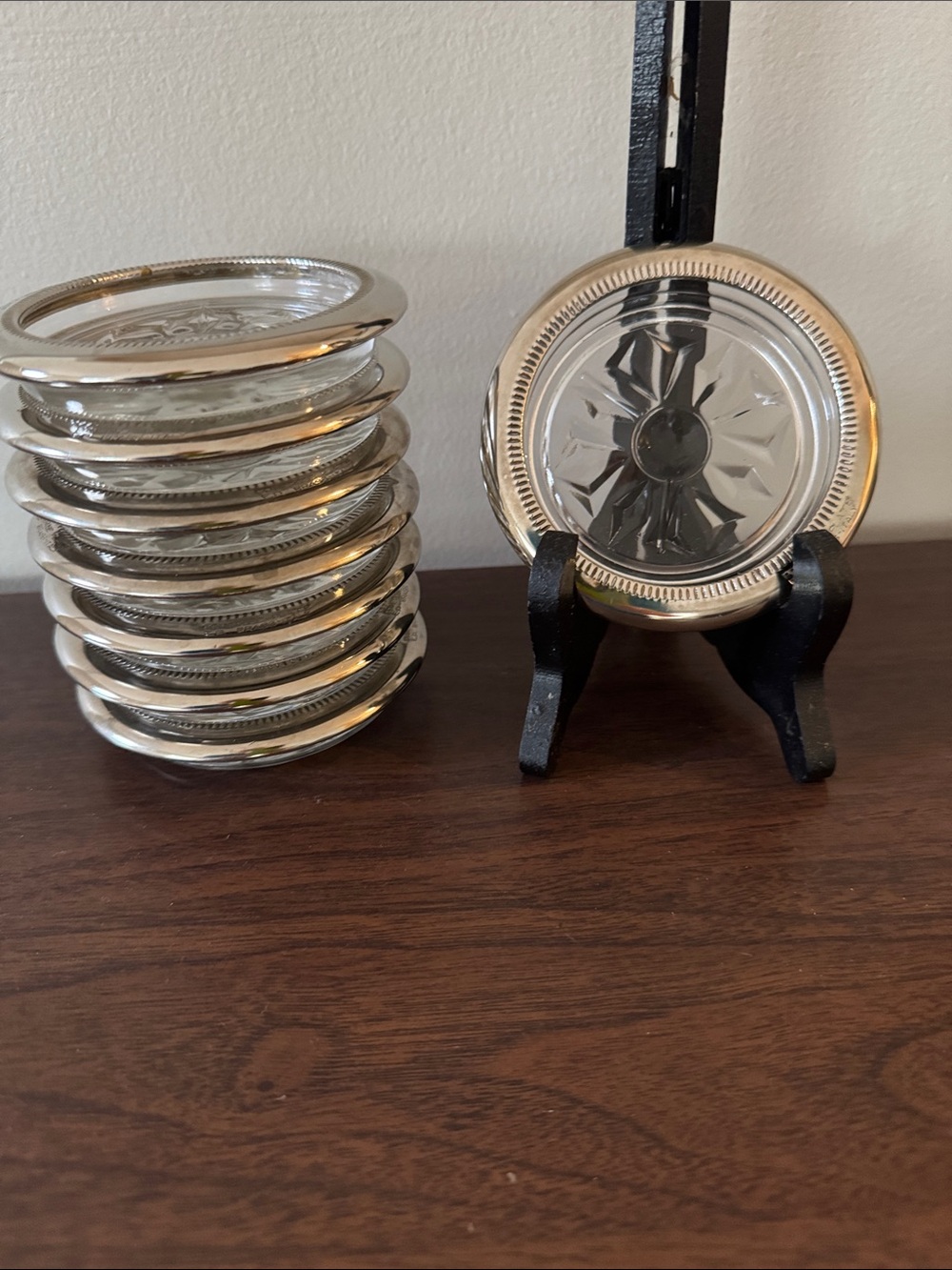 Vintage Primrose Plate Silver & Crystal Glass Coasters - Set of 8